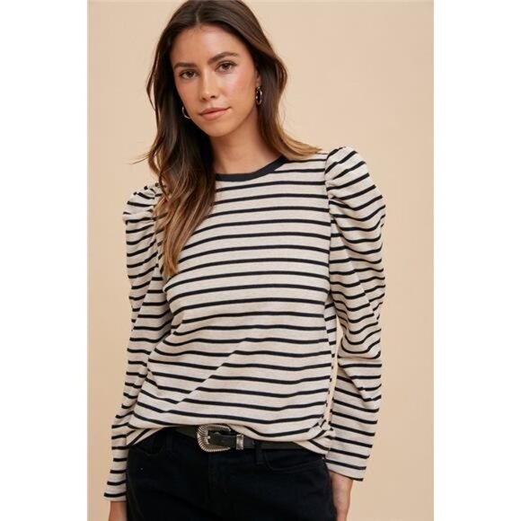 Annie Wear Tops - NEW Annie Wear Striped Round Neck Puff Sleeve French Terry Top, Long Sleeve Top